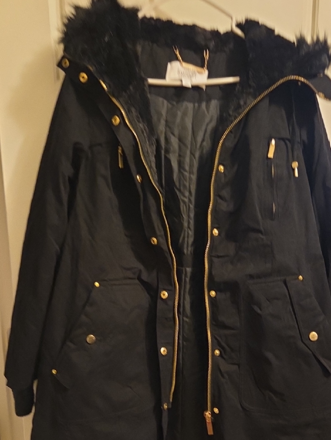 New Badgley Mischka Black Hooded Parka With Faux Fur Trim